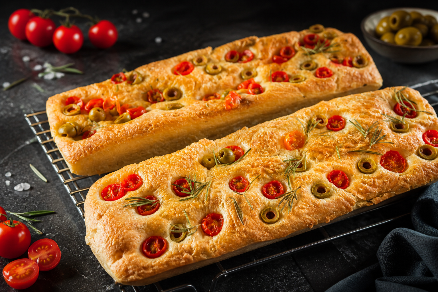 Two freshly baked focaccia loaves with tomatoes and olives