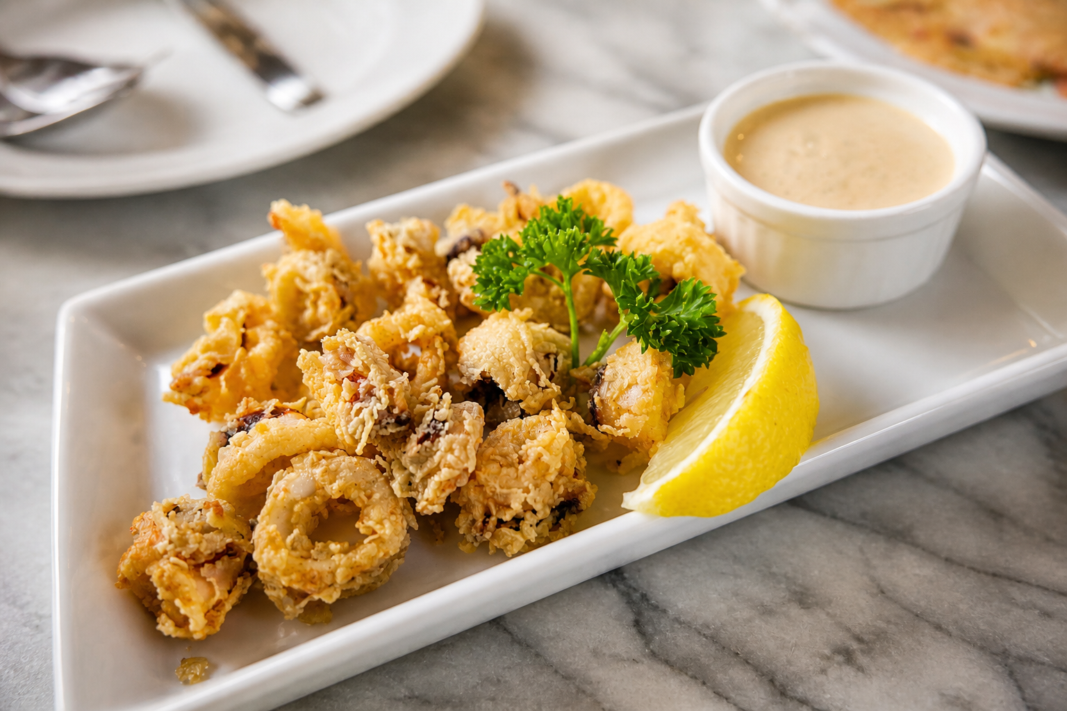 Fried squid with lemon and a creamy dip