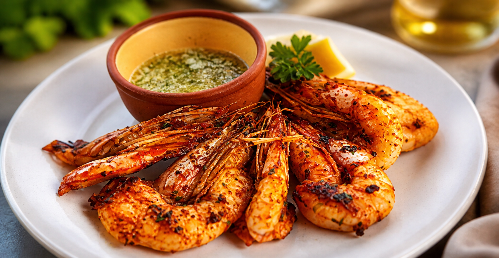 Grilled prawns arranged around a bowl of garlic butter