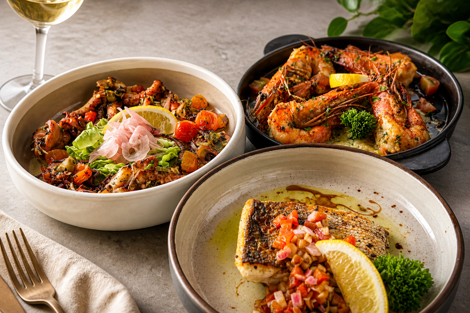 Grilled octopus salad, prawns in a pan and a seared fish fillet set out on a table