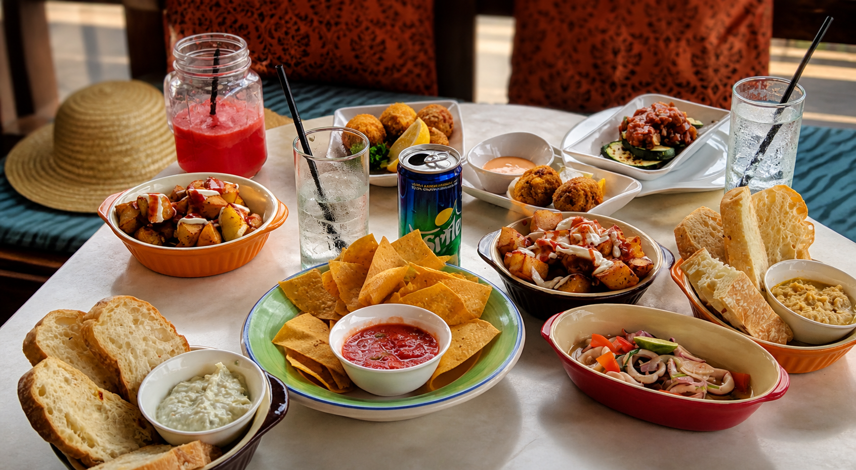 A table filled with tapas, breads and drinks